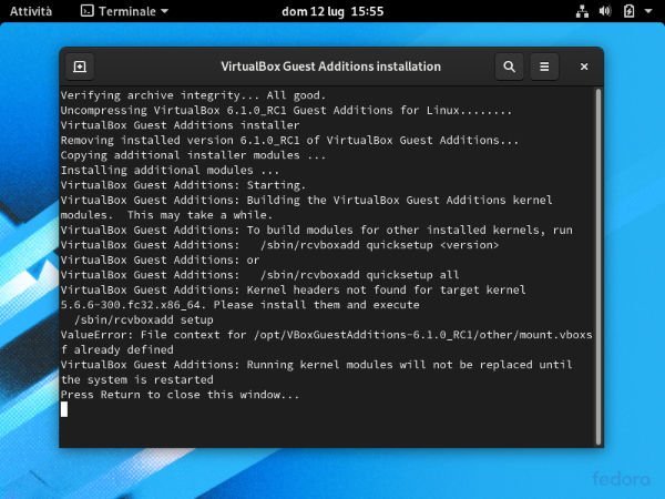 Installare le Guest Additions di VirtualBox su Fedora 5