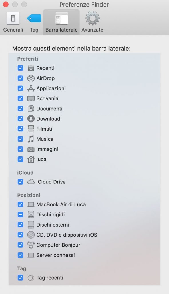 Preferenze Finder Barra Laterale macOS e Macbook