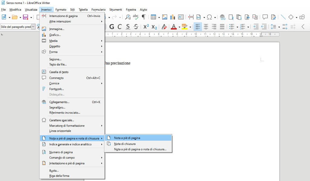 Come inserire note a pie di pagina su LibreOffice Nota a pie di pagina