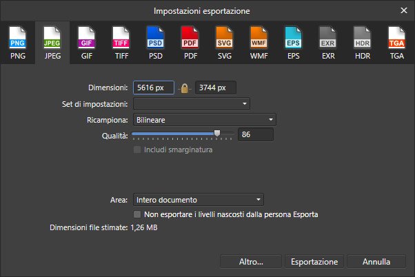 Finestra delle Impostazioni di esportazione in Affinity Photo