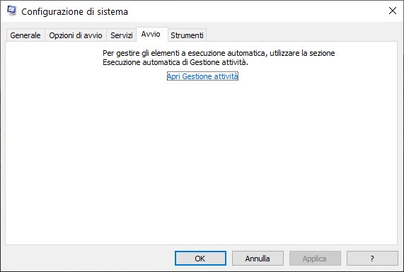 Configurazione di sistema Windows 10 Finestra Avvio
