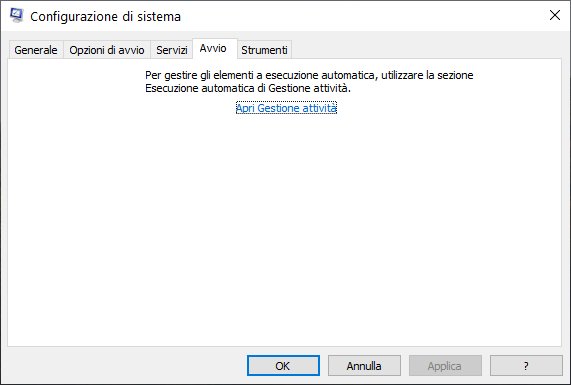Configurazione di sistema Windows 10 Finestra Avvio