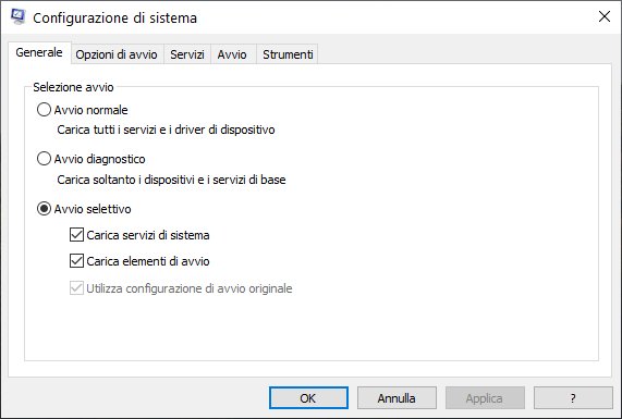 Configurazione di sistema Windows 10 Finestra Generale