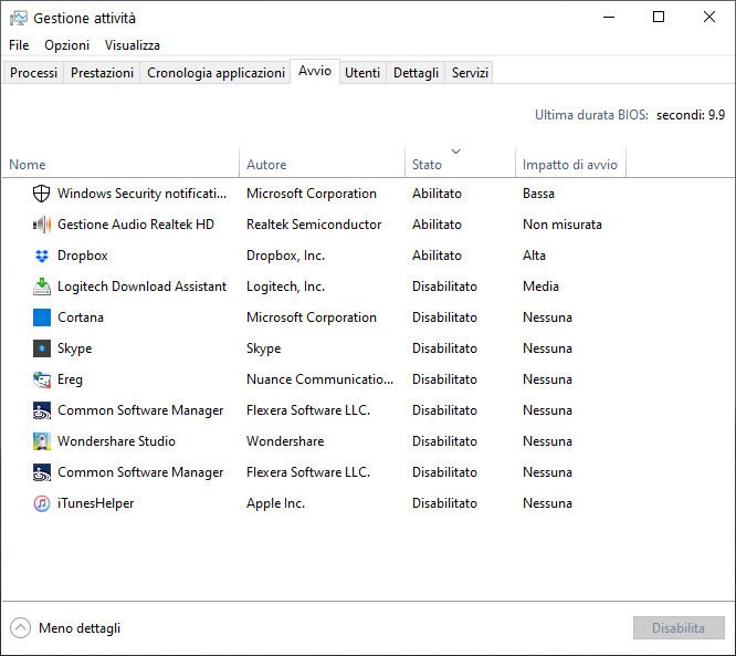 Gestione attivita Windows 10 Finestra Avvio