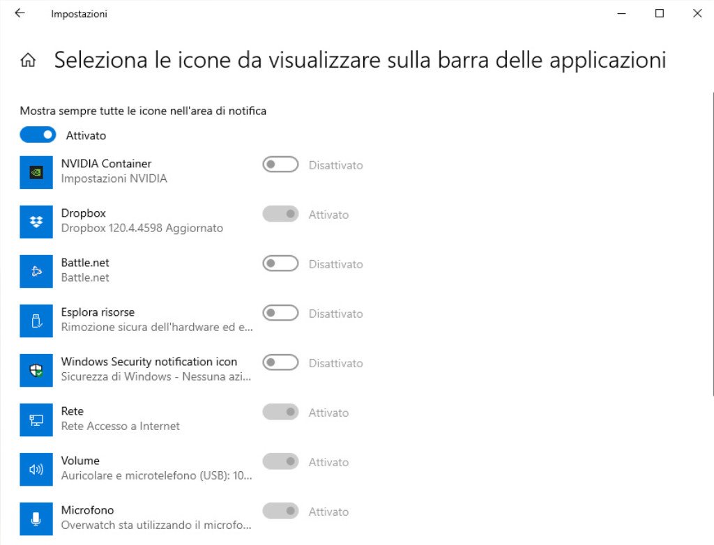 Impostazioni barra delle applicazioni 2 Windows 10 Area di notifica Seleziona le icone da visualizzare sulla barra delle applicazioni