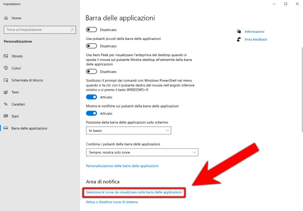 Impostazioni barra delle applicazioni 3 Windows 10 Area di notifica Seleziona le icone da visualizzare sulla barra delle applicazioni