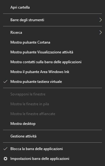 Tasto destro per aprire barra delle applicazioni Windows 10