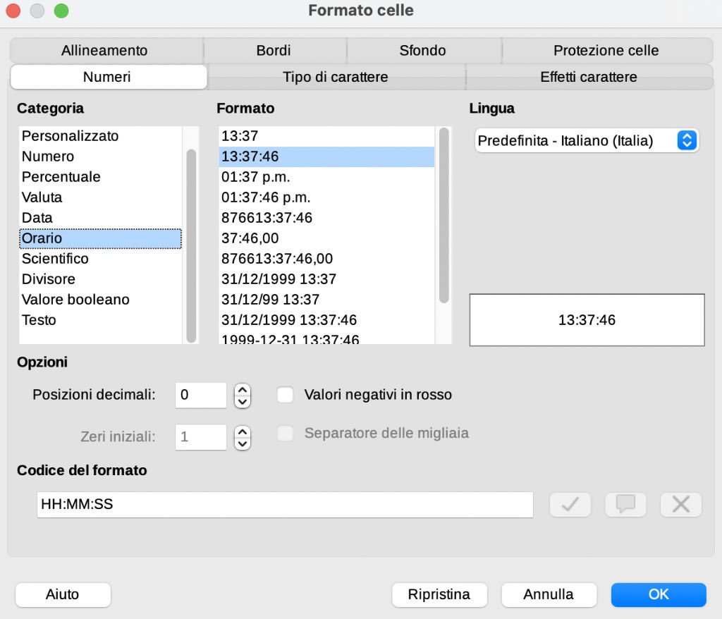LibreOffice Impostazioni Formato Celle Sommare le ore