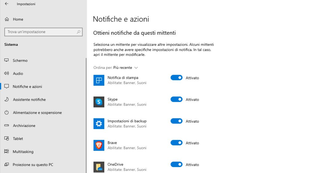 Schermata Impostazioni Windows 10 Notifiche e azioni 2