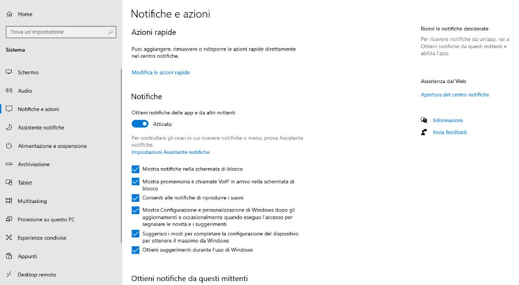 Schermata Impostazioni Windows 10 Notifiche e azioni