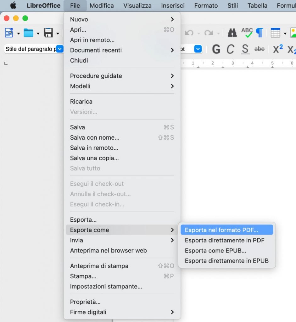 Come creare PDFA su LibreOffice Interfaccia File Esporta come Esporta nel formato PDF