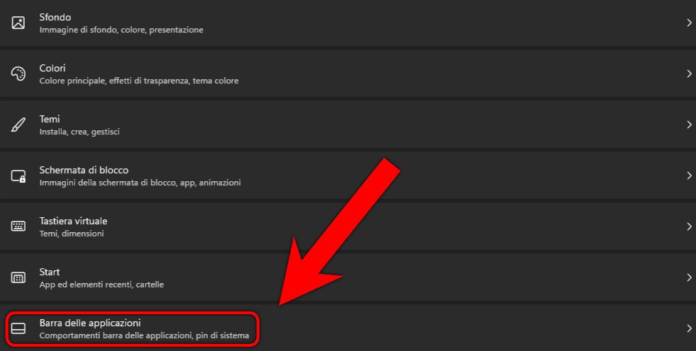Windows 11 Impostazioni pannello personalizzazione barra delle applicazioni