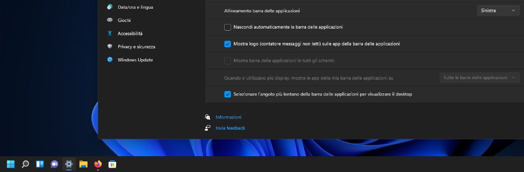 Windows 11 Impostazioni pannello personalizzazione comportamenti della barra delle applicazioni allineamento barra applicazioni sinistra