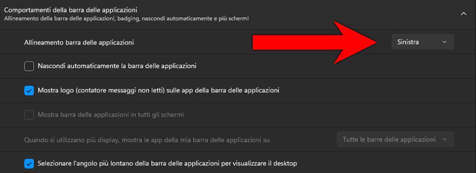 Windows 11 Impostazioni pannello personalizzazione comportamenti della barra delle applicazioni allineamento barra applicazioni
