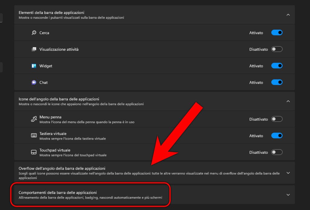 Windows 11 Impostazioni pannello personalizzazione comportamenti della barra delle applicazioni