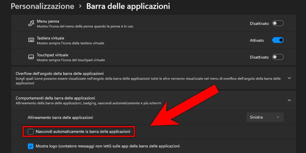 Windows 11 Impostazioni pannello personalizzazione nascondi automaticamente la barra delle applicazioni
