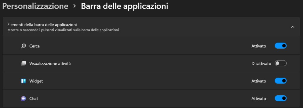 Windows 11 Impostazioni personalizzazione barra delle applicazioni elementi della barra delle applicazioni