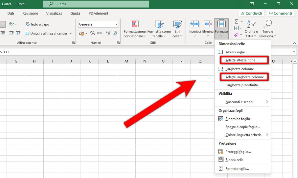 Adattare automaticamente la dimensione di righe e colonne in Excel Adatta larghezza righe e colonne