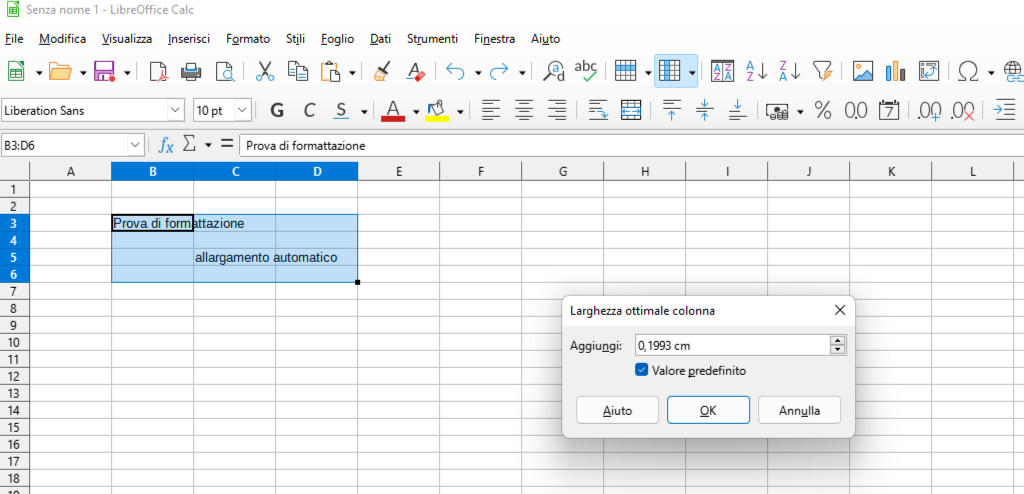 Adattare automaticamente la dimensione di righe e colonne in LibreOffice Calc Altezza ottimale colonna