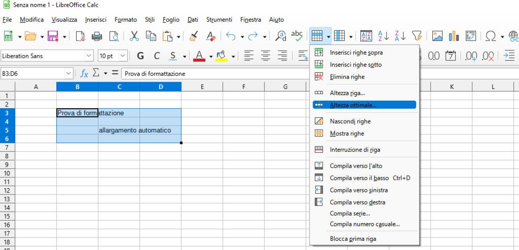 Adattare automaticamente la dimensione di righe e colonne in LibreOffice Calc Altezza ottimale