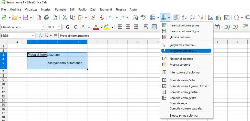 Adattare automaticamente la dimensione di righe e colonne in LibreOffice Calc Larghezza ottimale