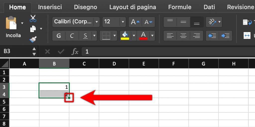 Come numerare automaticamente le caselle su Excel Selezionare il quadrato verde tra le caselle uno e due