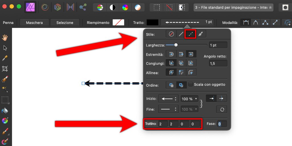 Come disegnare una freccia tratteggiata su Affinity Photo Creare una freccia tratteggiata
