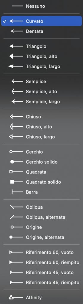 Come disegnare una freccia tratteggiata su Affinity Photo Lista delle frecce