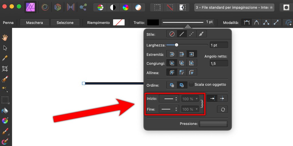 Come disegnare una freccia tratteggiata su Affinity Photo Selezionare la punta della freccia