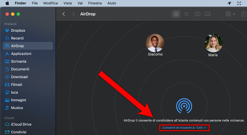 Finestra airdrop macos consenti tutti