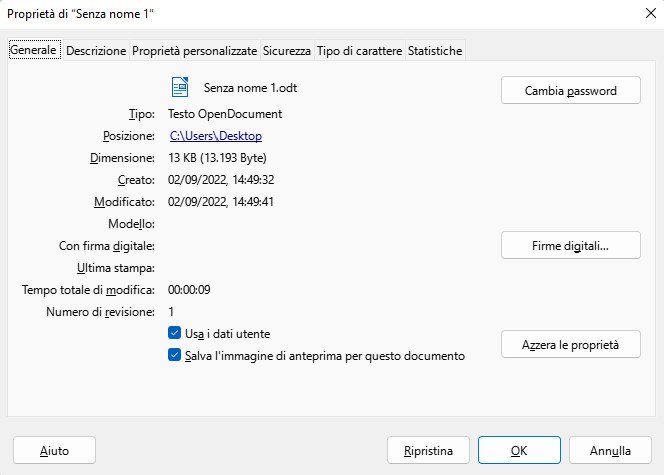 Come inserire la password su un documento LibreOffice Writer Proprieta documento Generale