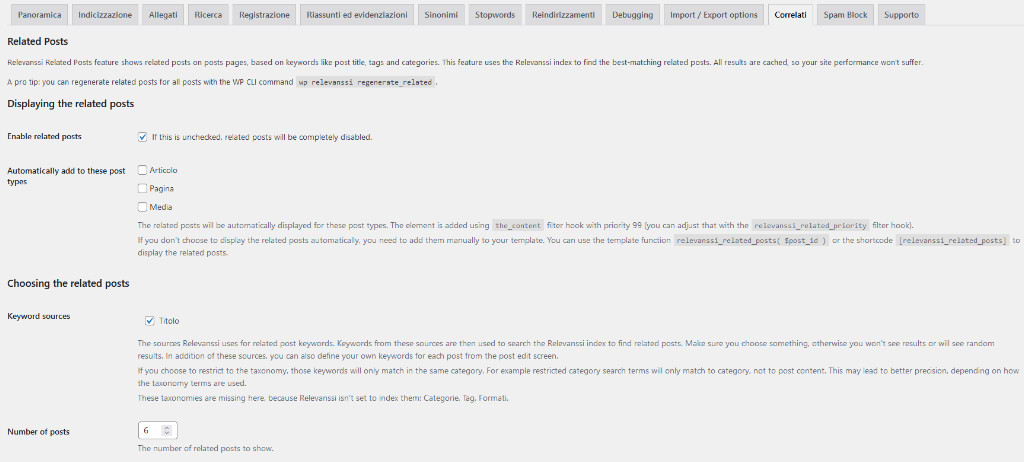 Come inserire un widget di articoli correlati con Relevanssi Premium Correlati impostazioni
