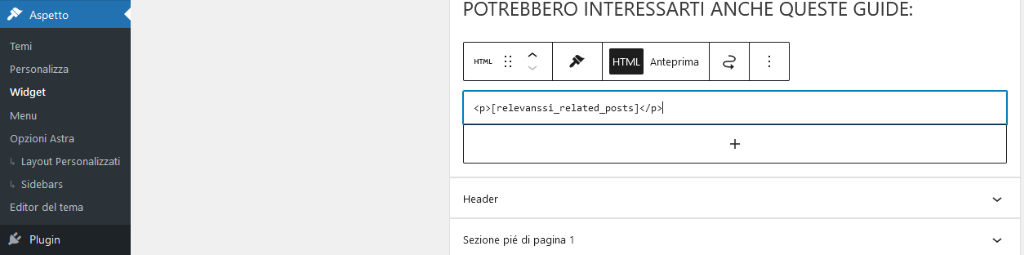 Come inserire un widget di articoli correlati con Relevanssi Premium Widget HTML codice Relevanssi