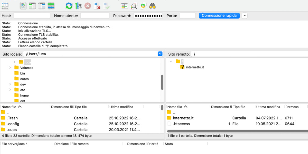 Come trasferire un sito da SiteGround ad Aruba Pannello FileZilla connessione stabilita