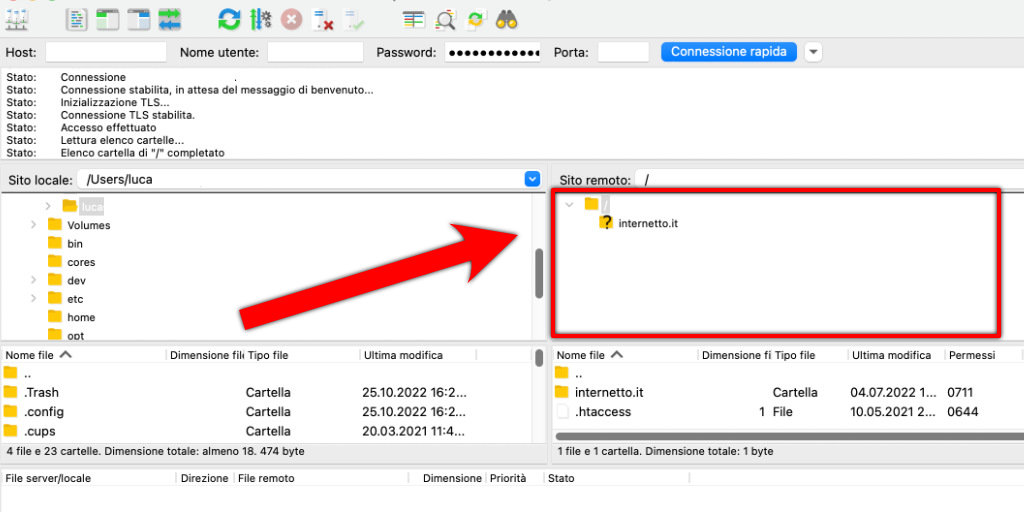 Come trasferire un sito da SiteGround ad Aruba Pannello FileZilla zona sito remoto