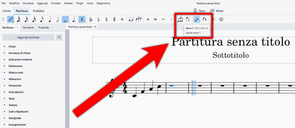 Come fare le note guida su MuseScore Voce 1