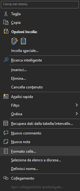 Microsoft Excel menu formato celle selezionato